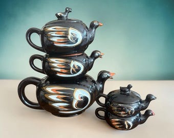 Royal Sealy Japan Redware Stacking Duck Tea Set 7 Piece Vintage