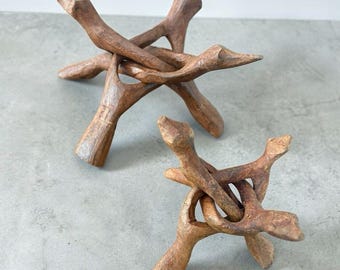 Handcrafted Wooden Tripod Stands Rocks Shells Crystals Decor Display  Set Of 2