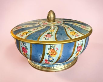 Vintage Decorative Floral Round Metal Tin w/ Lid Made In England 7
