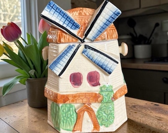 Tarro para galletas Dutch Windmill Cottage, fabricado en Japón, vintage, 7x5x5