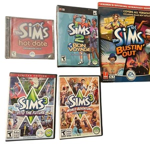 May include: A collection of The Sims video game expansion packs and strategy guides. Titles include "Hot Date," "Bon Voyage," "Bustin' Out," "Into the Future," and "World Adventures." The game covers feature colorful graphics and the EA Games logo.