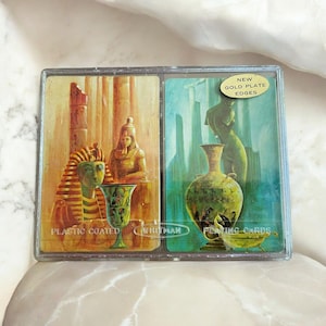 Whitman Playing Cards 2 Deck Gold Accents w/Case Ancient Art MCM