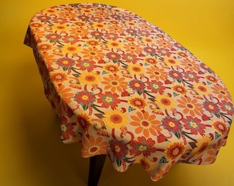 Handmade Tablecloth Woven Fabric With Bright Floral Pattern 70s Era Retro 80x56