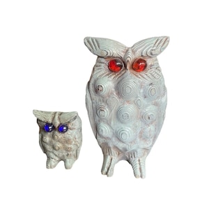 Cryptomeria Wood Owls Japanese Carved Figurines Japan MCM 3 And 5.5