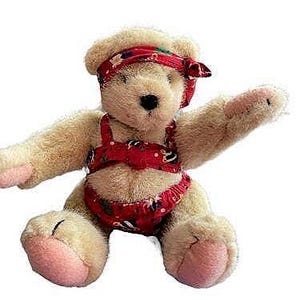 May include: A plush teddy bear wearing a red bandana and a matching swimsuit. The bear has tan fur, pink paws, and a black nose. The swimsuit and bandana are decorated with a white and black floral pattern.