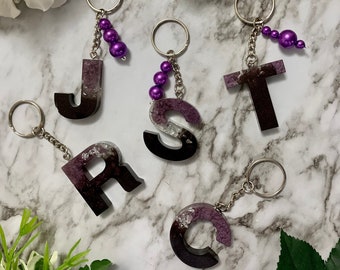 Personalized Purple Black and Silver Letter Keychain | initial keychain custom letter alphabet resin letter keychain