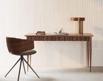 Walnut Office Desk with Slatted Drawers and Brass Handles, Mid Century Desk
