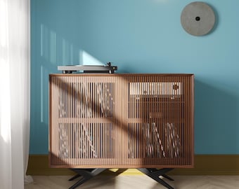 High Walnut Record Player Stand with vinyl storage in Mid Century Modern Style, Media Console, Turntable Stand