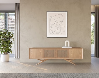 Oak Long Sideboard, Mid Century Modern TV Stand, Slatted Doors
