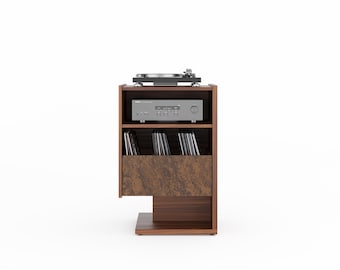 Small Walnut Record Player Stand with walnut burl front in Mid Century Modern Style, Vinyl Storage, Media Console, Turntable Stand - LINDE