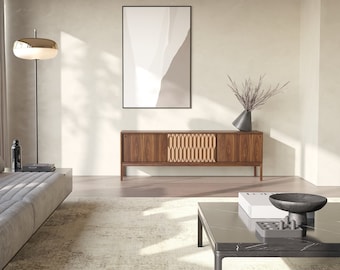 Walnut Sideboard, Mid Century Modern Credenza with Oak Veneer Inlay