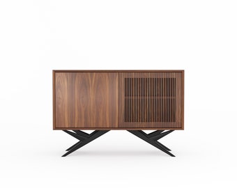 Walnut cabinet with two slatted doors and organic shape base in mid century modern style, credenza, walnut vinyl stand, commode, TV stand