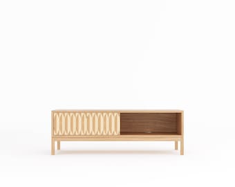 Stojak pod telewizor z dębu w stylu Mid Century Modern, niska szuflada z intarsjami, ręcznie robiony