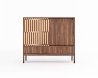 Mid-Century Modern Walnut Buffet, Inlaid Sliding Doors, Handmade in Poland