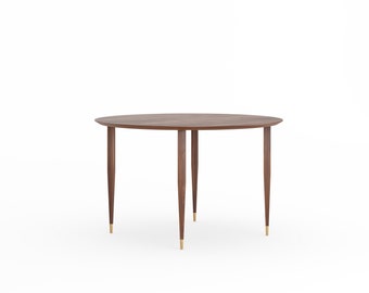 Round Walnut Dining Table, Mid-Century Modern Kitchen Table, Brass Accents