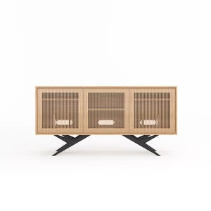 Langer Eiche Plattenspieler Ständer mit Plattenaufbewahrung im Mid Century Modern Style, Media Konsole, Plattenspieler Ständer, TV Ständer