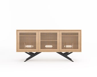 Long Oak Record Player Stand, Mid Century Media Console, Vinyl Storage