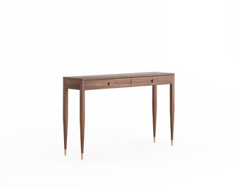 Mid Century Walnut Vanity Table, Solid Wood Console with Brass Detail