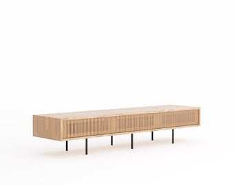 Mid Century Modern Oak TV Stand, Slatted Door Media Console