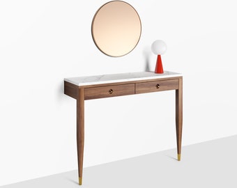 Walnut console table with marble top two drawers and two legs, hallway table, entryway table, dressing table in solid walnut wood