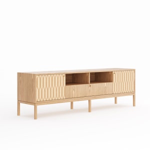 Oak long sideboard, TV stand with two inlaid doors and one drawer in mid century modern style, credenza, dresser, commode, media cabinet