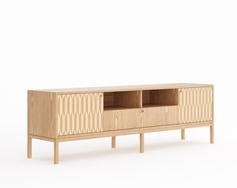 Komoda dębowa w stylu Mid Century Modern, szafka pod telewizor z intarsjowanymi drzwiami, ręcznie robiona