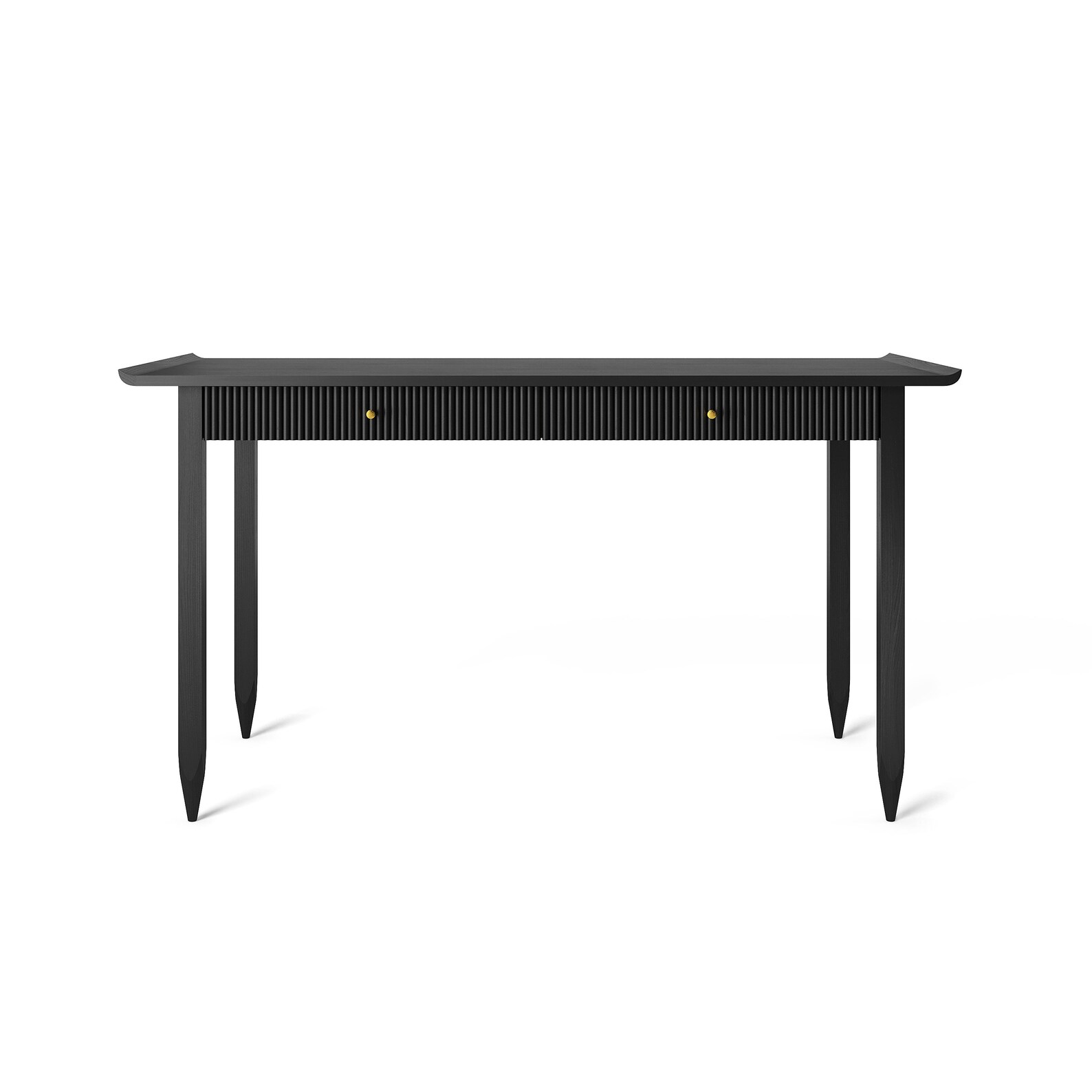 Black Oak Office Desk With Slatted Wood Fronts of Drawers, Mid Century