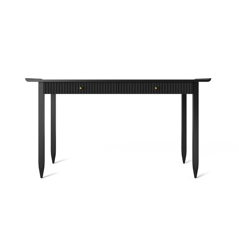 Black Oak Office Desk With Slatted Wood Fronts of Drawers, Mid Century