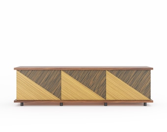 Walnut Sideboard with Geometric Inlay – Handmade Mid Century Modern Credenza, 3 Doors