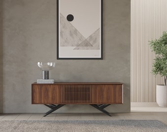 Walnut Sideboard with Slatted Doors Mid Century Modern TV Stand