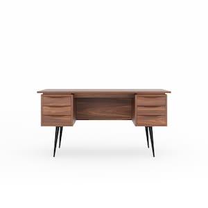 Peut inclure: Un bureau en bois foncé avec six tiroirs et des pieds en métal noir. Le bureau a un design moderne et est parfait pour un bureau à domicile.