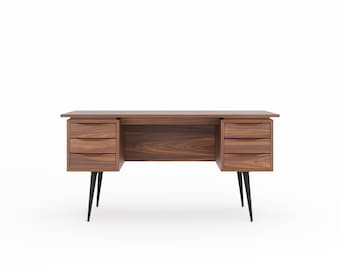 Walnut Executive Desk with Six Drawers, Mid Century Modern Office Desk