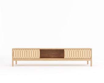Dębowa szafka pod telewizor, niska szafka w stylu Mid Century Modern, detale z mosiądzu