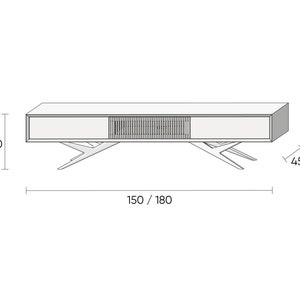 May include: A white modern entertainment unit with a slatted centre section and two drawers. The dimensions are 150/180 cm long, 40 cm high, and 45 cm deep. The legs have a unique, angular design.