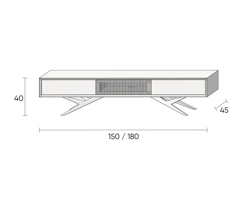 May include: A white modern entertainment unit with a slatted centre section and two drawers. The dimensions are 150/180 cm long, 40 cm high, and 45 cm deep. The legs have a unique, angular design.
