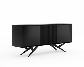 Mid Century Modern Black Oak Sideboard, Slatted Door TV Stand