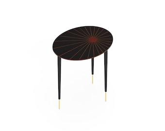 Mid-Century Intarsia Side Table with Brass Legs – Walnut Accent Table