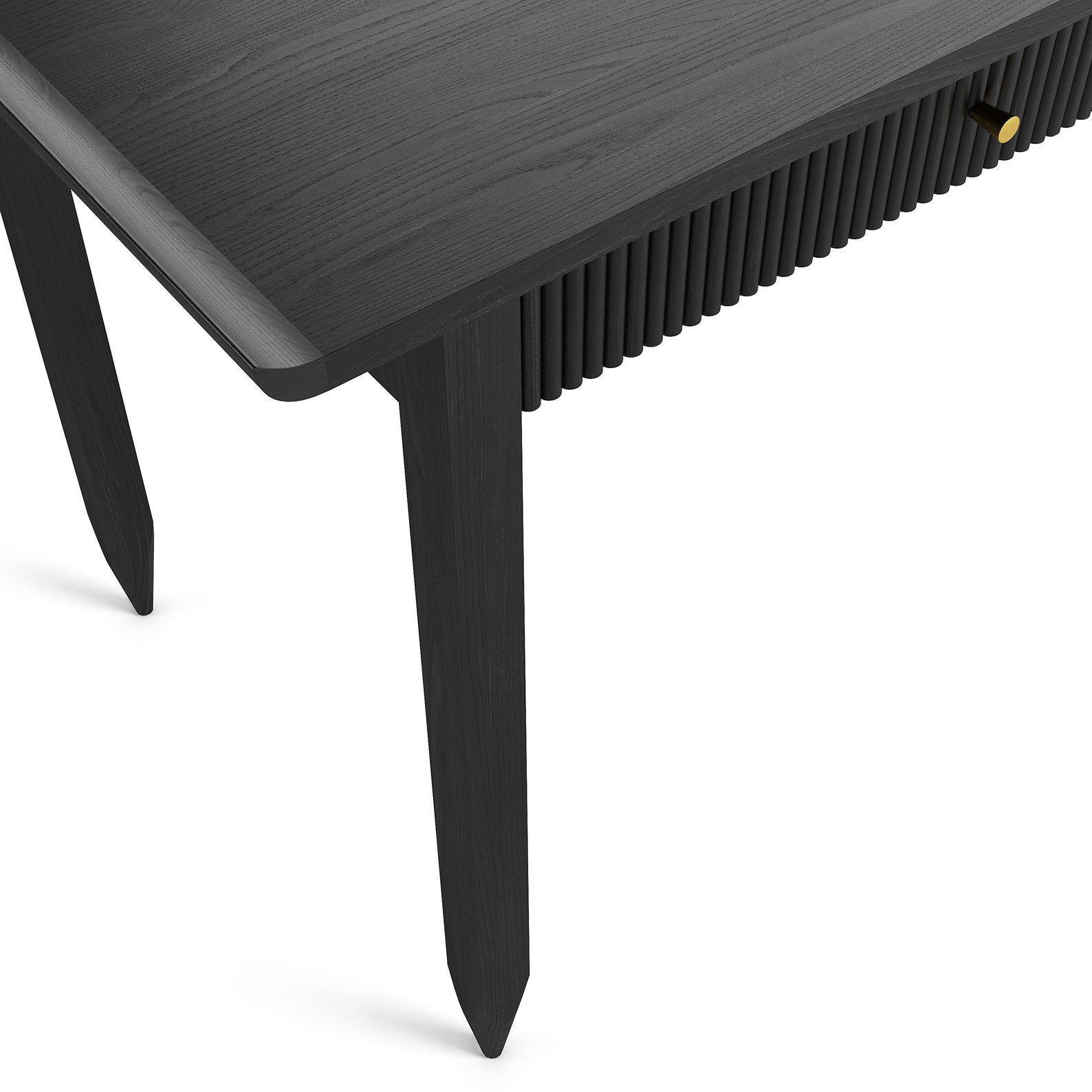 Black Oak Office Desk With Slatted Wood Fronts of Drawers, Mid Century