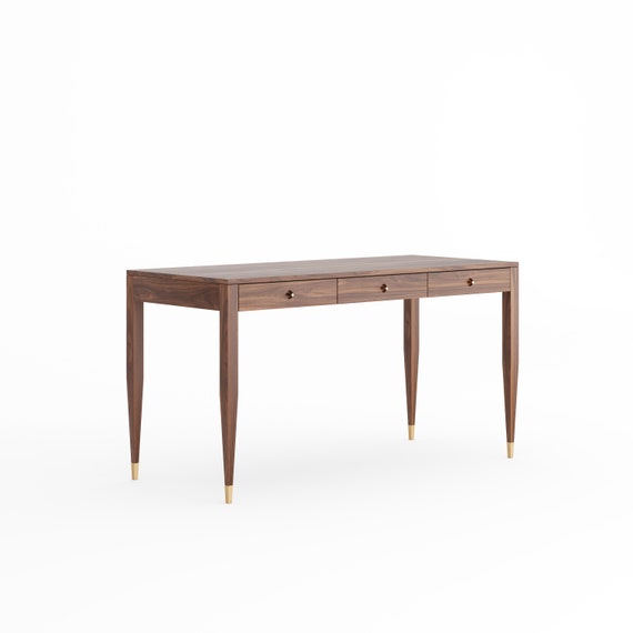 Mid Century Walnut Desk with Three Drawers and Brass Handles, Handmade Office Desk