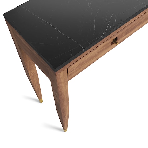 Walnut Console Table With Marble Top Three Drawers and Four Legs