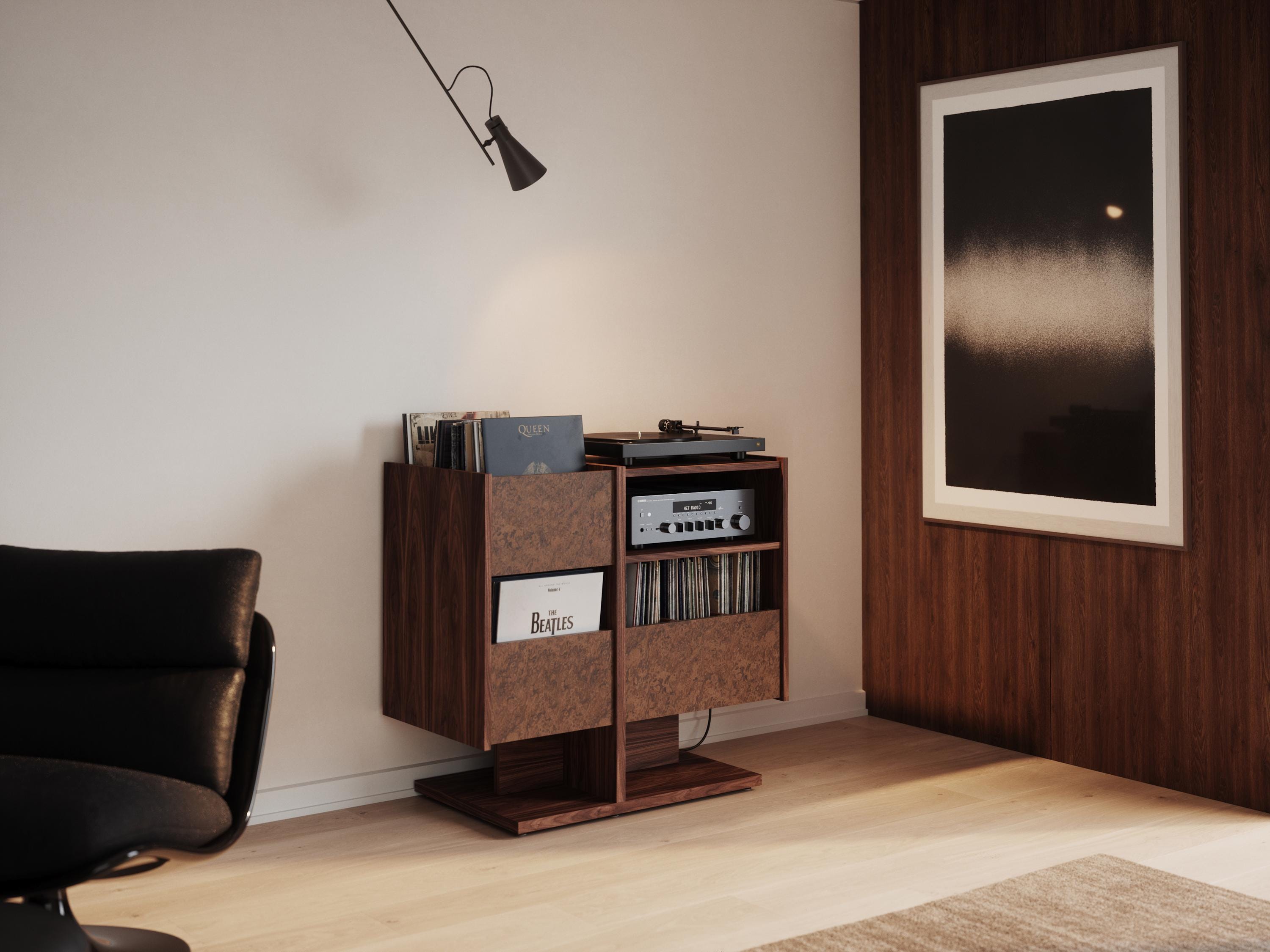 Walnut Record Player Stand with vinyl storage in Mid Century Modern Style, Media Console, Turntable Stand - LINDE