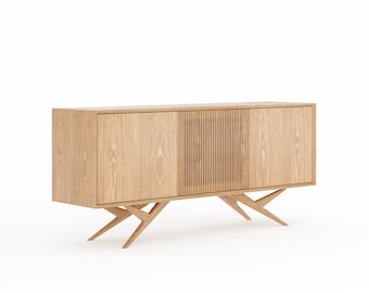 Ręcznie robiona dębowa komoda, kredens z drzwiami listwowymi w stylu Mid Century Modern