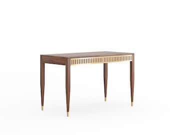 Walnut Desk with Brass Drawer Fronts, Mid Century Writing Desk