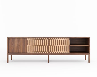 Walnut Sideboard TV Stand, Mid Century Modern Inlaid Sliding Doors