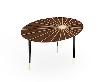 Mid Century Walnut Marquetry Coffee Table with Brass Legs