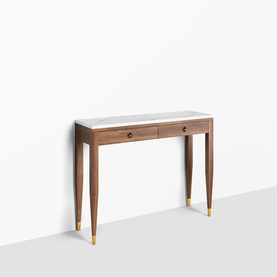 Walnut Console Table With Marble Top Two Drawers and Four Legs