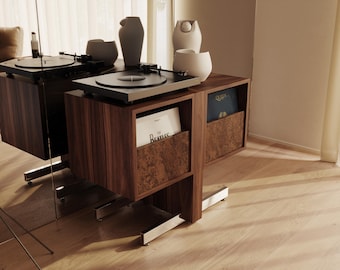 Walnut Record Player Stand with aluminum legs and walnut burl fronts in Mid Century Modern Style, Vinyl Storage, Turntable Stand