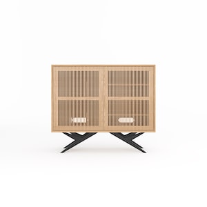 Hoher Plattenspieler Ständer aus Eiche mit Plattenaufbewahrung im Mid Century Modern Style, Media Konsole, Plattenspieler Ständer
