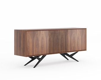 Walnut sideboard with three slatted doors and black organic shape base in mid century modern style, commode, TV stand, walnut buffet