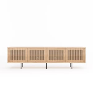 Long oak TV stand sideboard with four slatted doors in mid century modern style, credenza, dresser, commode, media console, media center